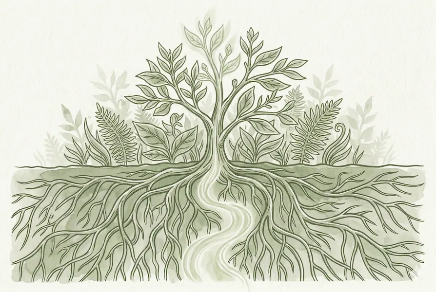 Botanical illustration of deep roots representing restoration and recovery